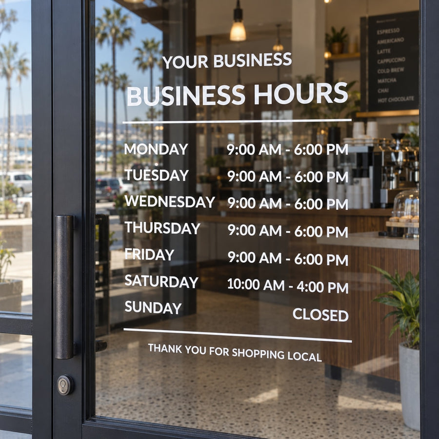 Business hours window decal with clean columns listing days, open hours, and closed on Sunday.