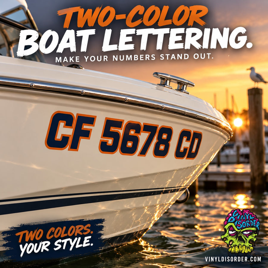 Boat registration decal with two-color orange/black 'CF 5678 CJ' lettering