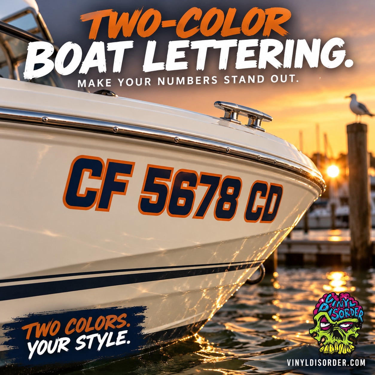 Boat registration decal with two-color orange/black 'CF 5678 CJ' lettering