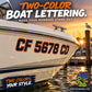 Boat registration decal with two-color orange/black 'CF 5678 CJ' lettering