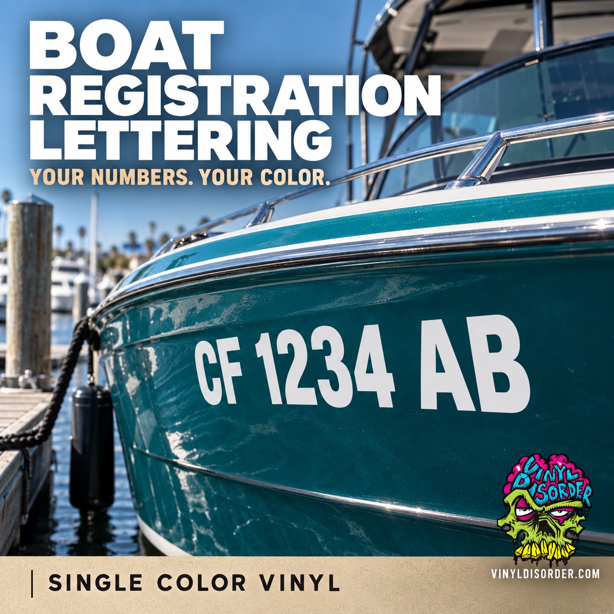 Single-color vinyl boat registration lettering with white block characters on a hull