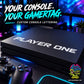 Custom console lettering decal: 'PLAYER ONE' text on dark console top