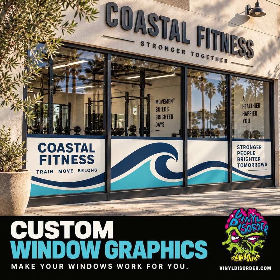 Custom window graphics with bold lettering and coastal fitness wave logo
