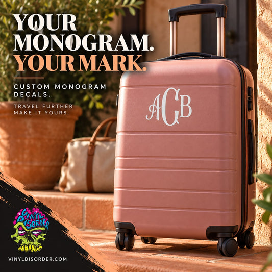 Custom monogram decal on pink hard-shell suitcase with white ACB letters