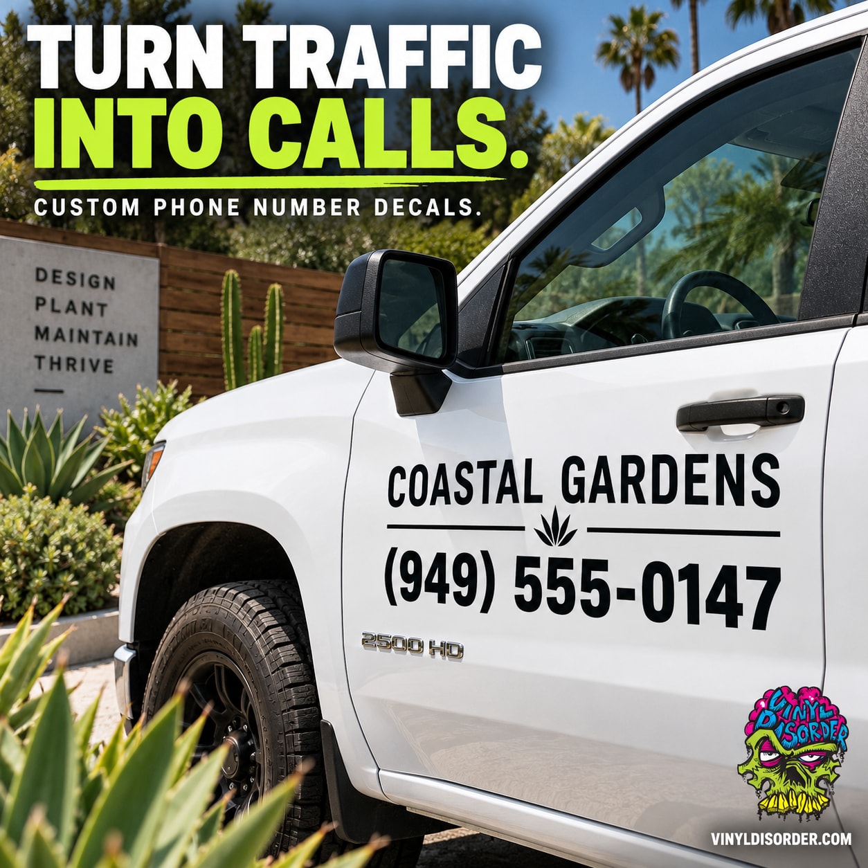 Phone number die-cut vinyl decal on car door, showing (949) 555-0147