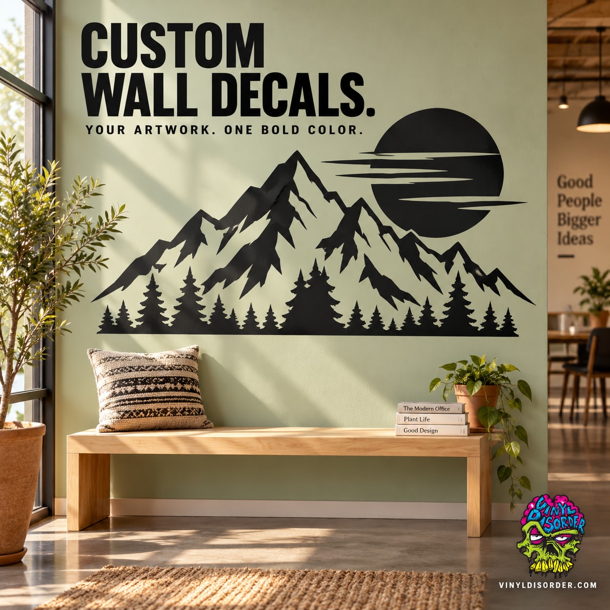 Single-color wall decal with mountain peaks, pine trees, and a large sun graphic