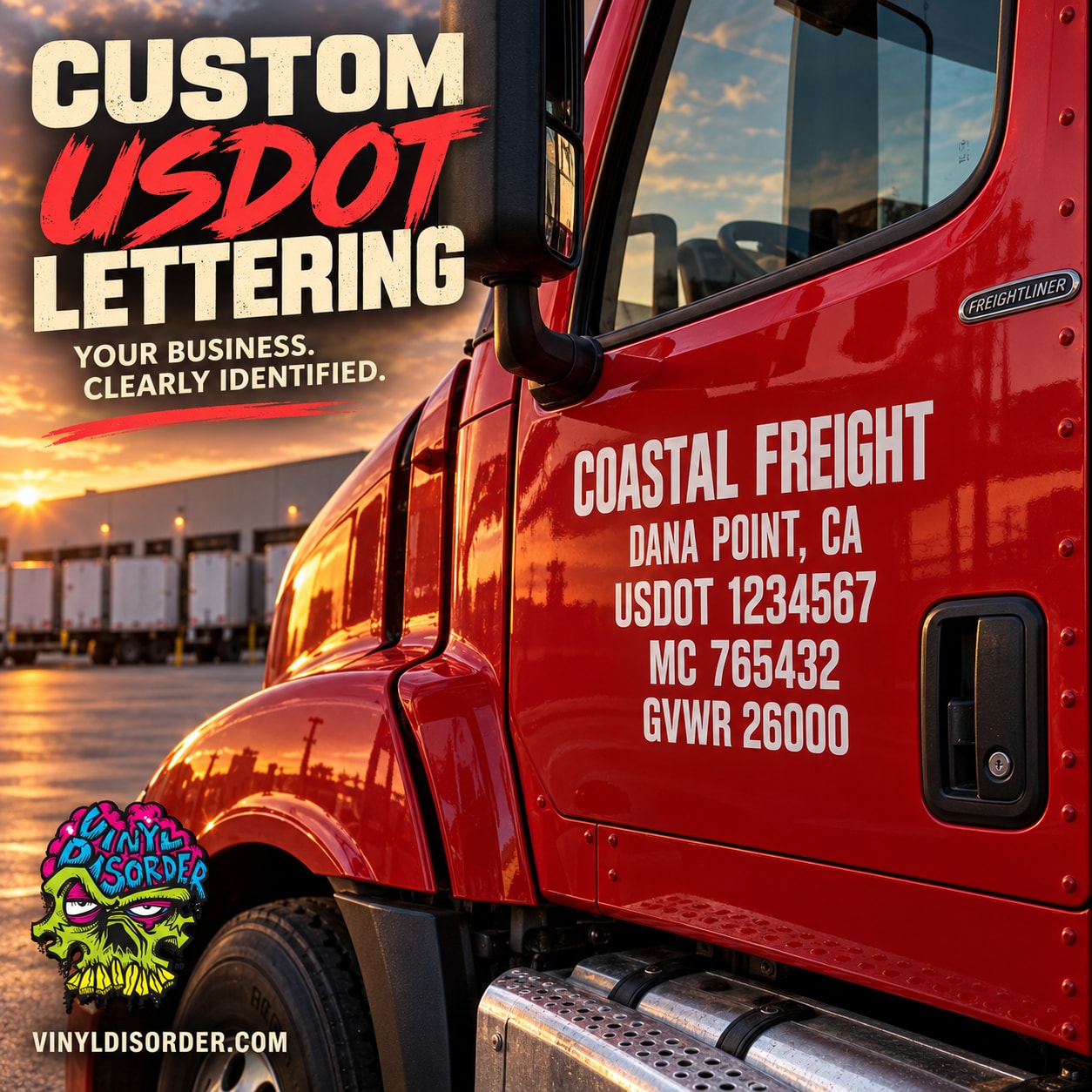 Custom USDOT lettering vinyl decal on red truck door with white and red text