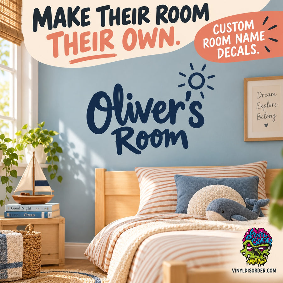 Blue cursive wall decal reading "Oliver's Room" for custom room names