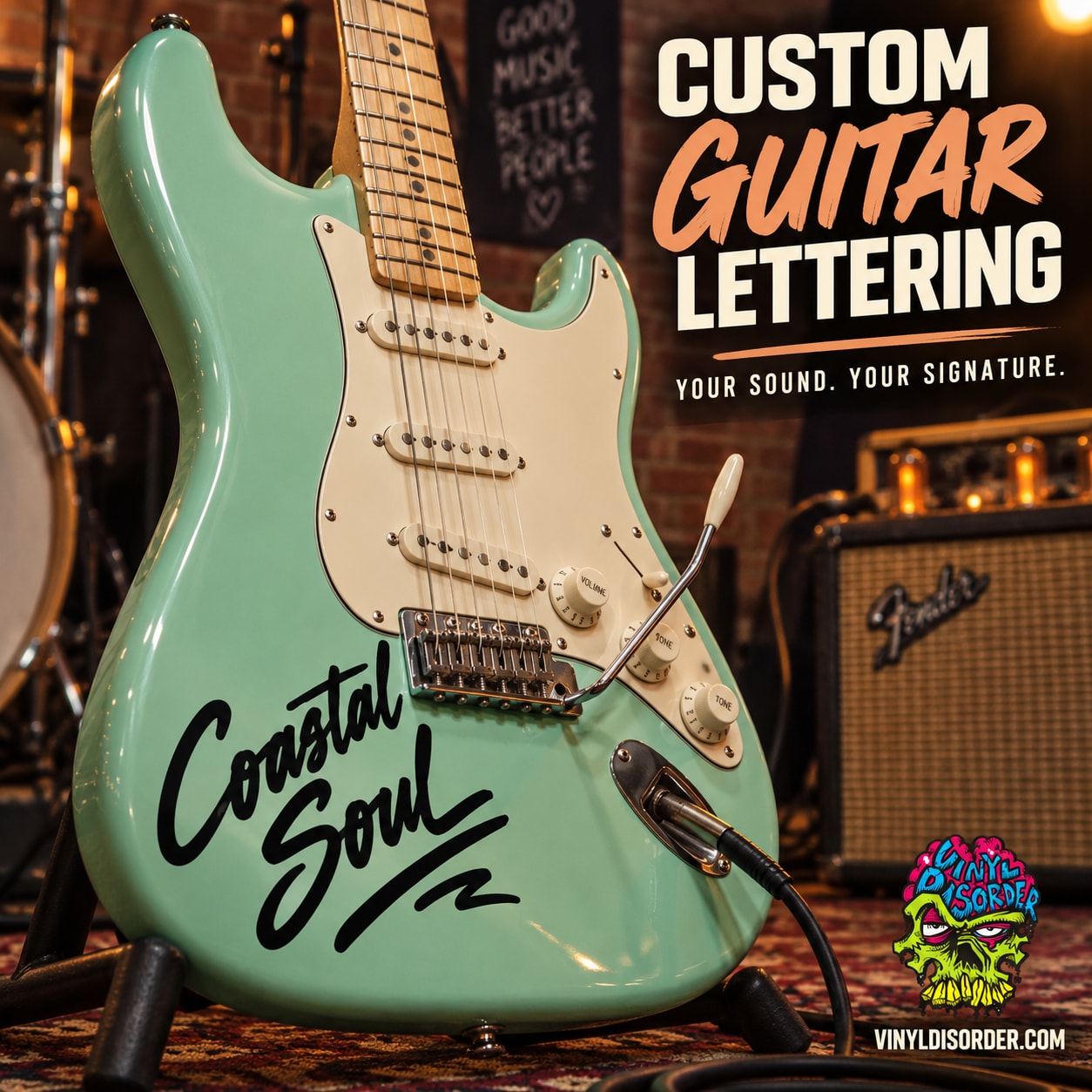 Mint electric guitar with custom lettering on body and headstock, chrome hardware