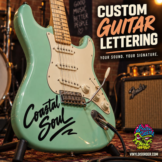 Mint electric guitar with custom lettering on body and headstock, chrome hardware