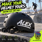 Matte black bike helmet with white custom name decal