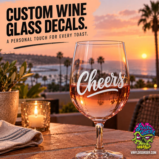 Wine glass with white 'Cheers' custom text decal