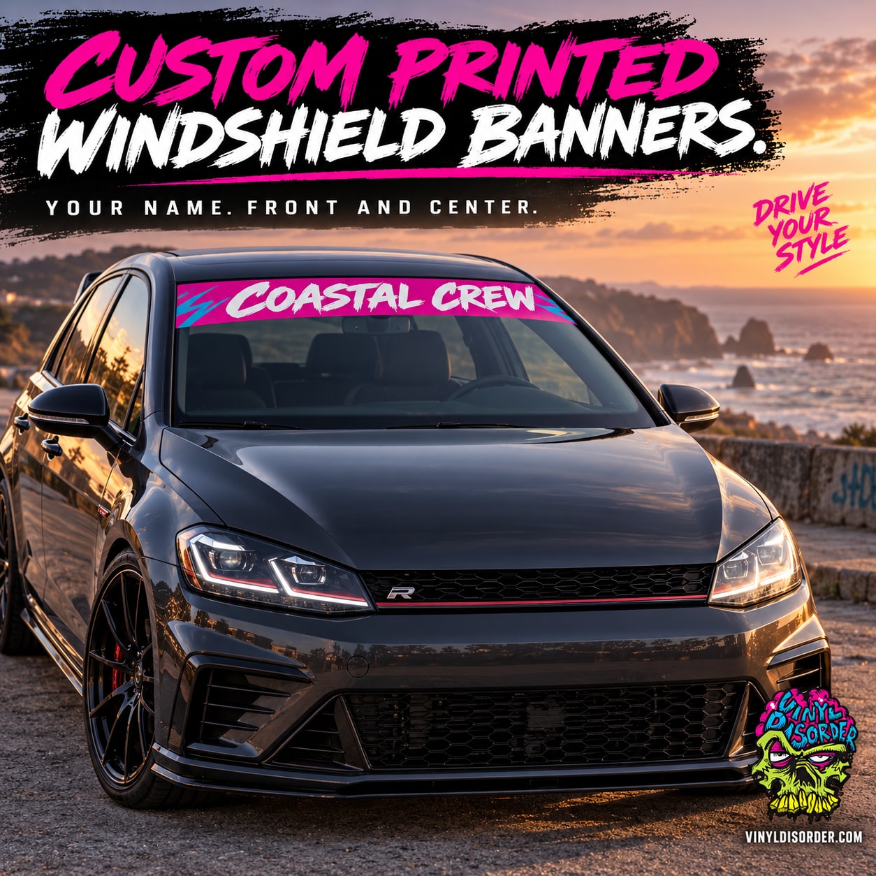 Vinyl windshield banner sticker with bold “COASTAL CREW” lettering