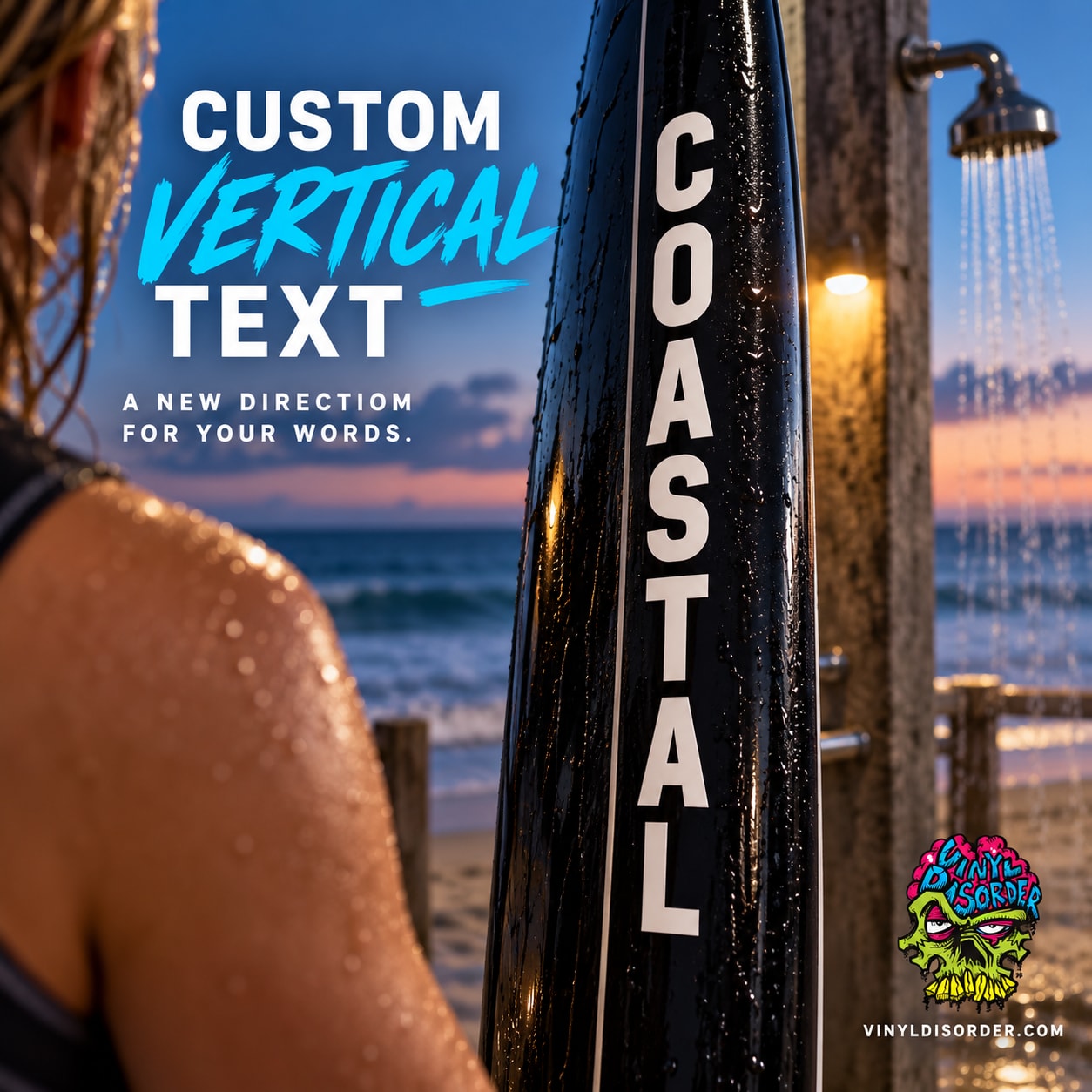 Black vertical text decal with white letters reading COASTAL on a post.