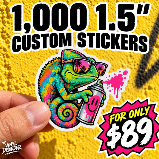 Hand holding colorful chameleon custom vinyl sticker with badge text and $89 price