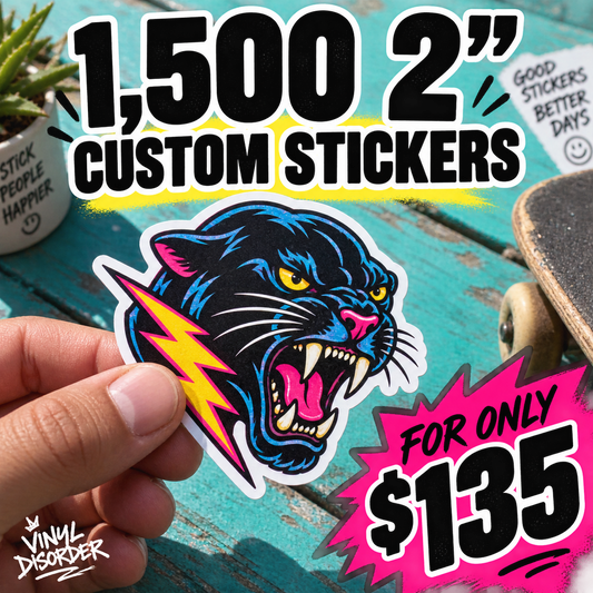 Custom vinyl sticker held in hand, neon panther face with lightning and $135 text