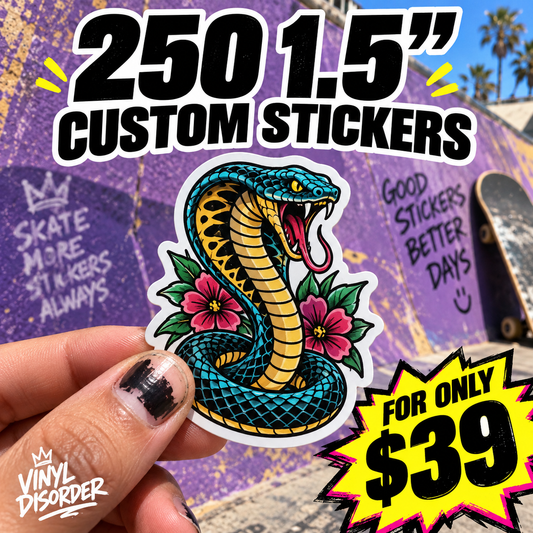 Custom vinyl sticker in hand: teal cobra with flowers, white outline, 1.5-inch