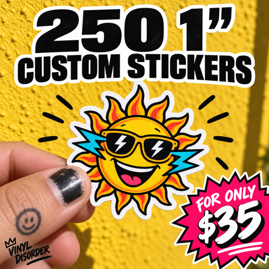 Vinyl sticker with smiling sun face and lightning icons, held on finger