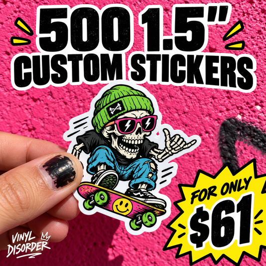 Hand-held custom vinyl sticker, skull on skateboard with green beanie, 1.5-inch