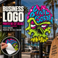Printed die-cut business logo decal with colorful graffiti skull, shown on backing paper.