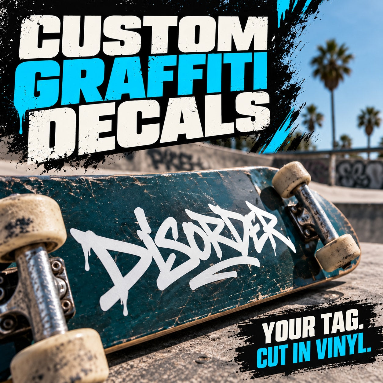 Graffiti vinyl decal with custom tag text in white and cyan