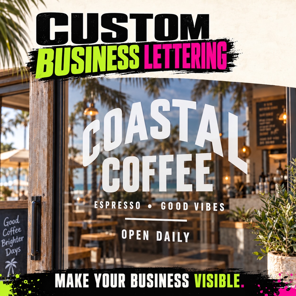 Vinyl window decal lettering reading 'COASTAL COFFEE' with 'OPEN DAILY'.