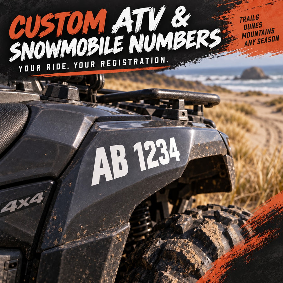 Vinyl registration number decal with AB 1234 on white characters