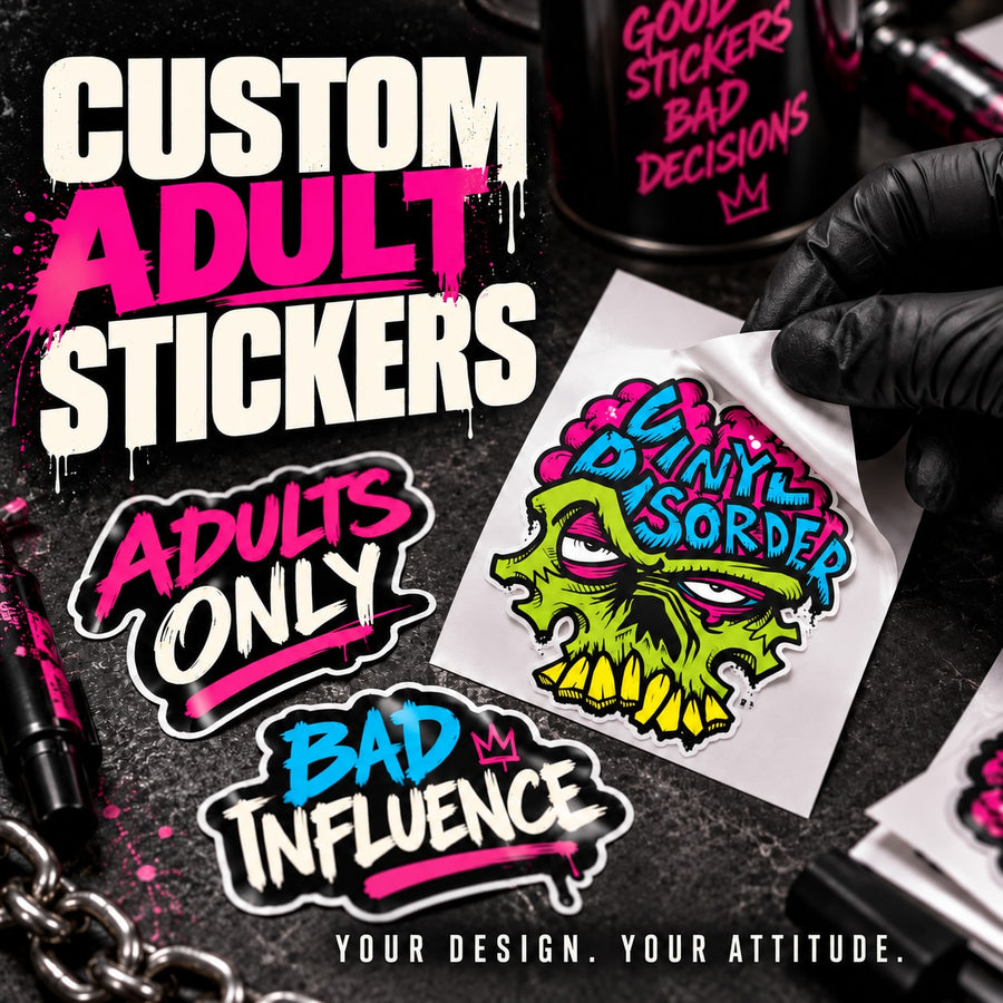 White vinyl sticker with colorful cartoon skull face graphic, die-cut shape