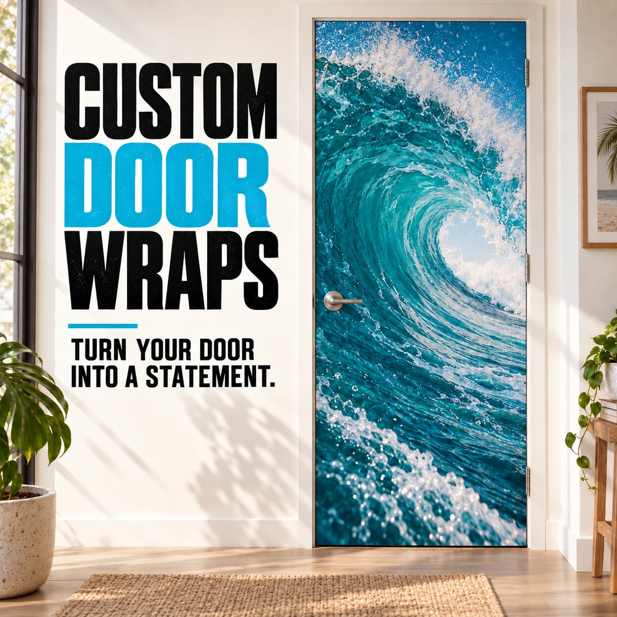 Custom vinyl door wrap sticker with teal ocean wave artwork