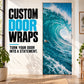 Custom vinyl door wrap sticker with teal ocean wave artwork
