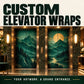 Custom elevator door skin vinyl wrap sticker with green mountain landscape and sun disc