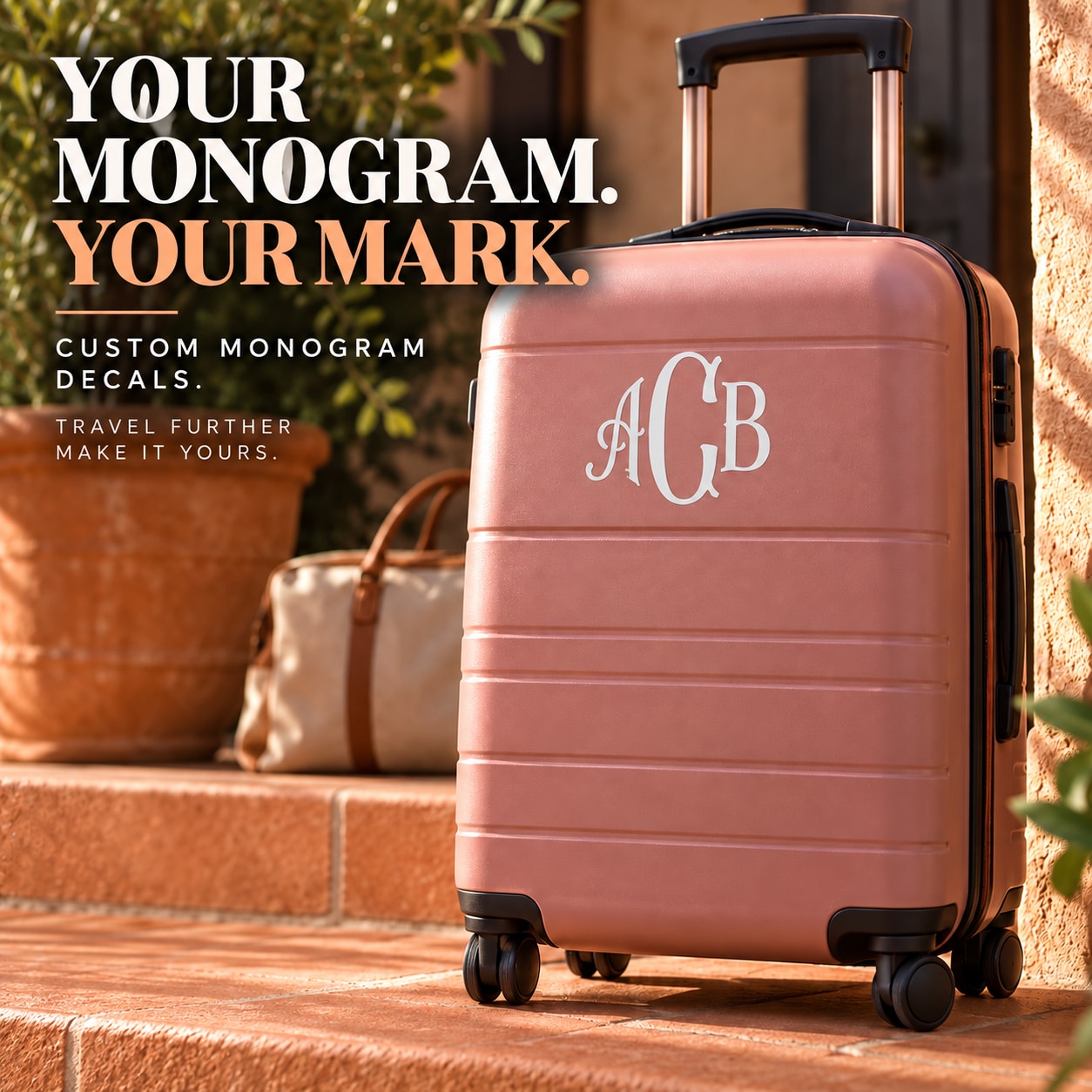 White monogram decal on pink hard-shell travel suitcase, letters ACB