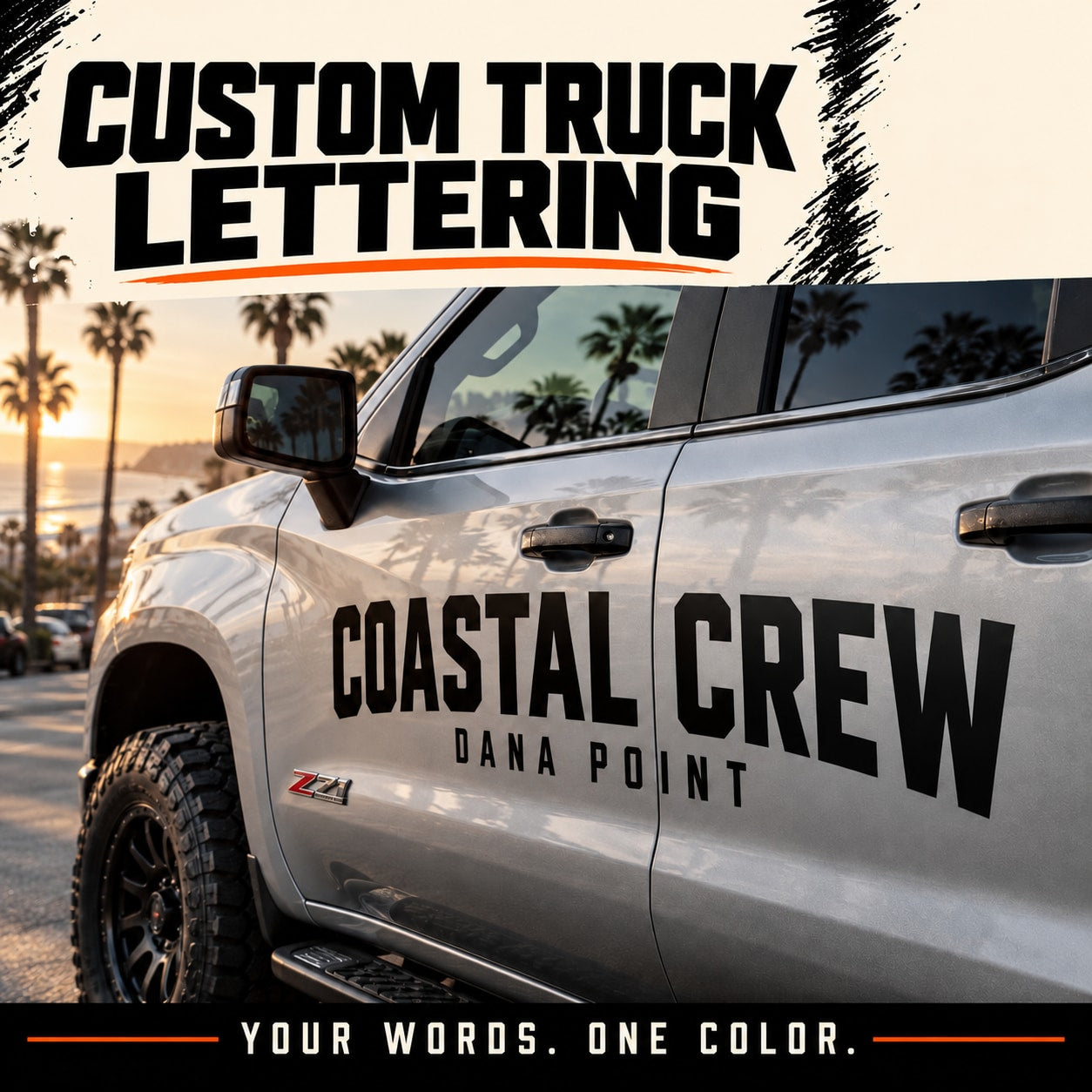 Pickup truck door vinyl decal with 'COASTAL CREW' lettering and 'DANA POINT' text