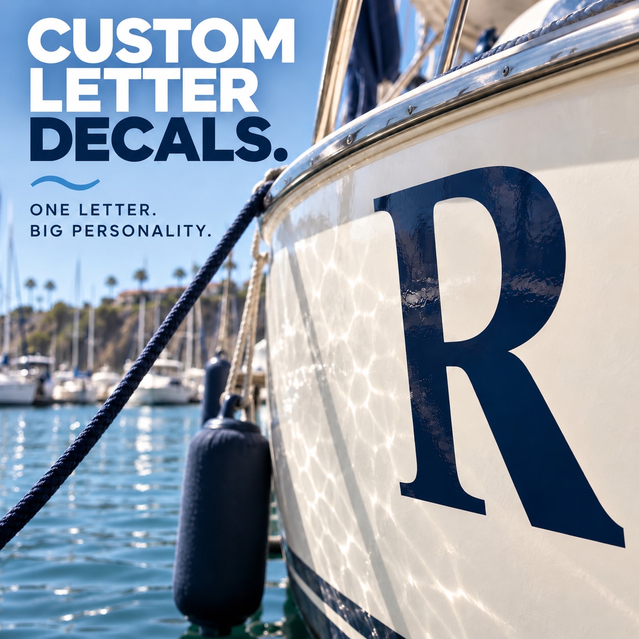 Large white letter R decal on a shiny boat surface