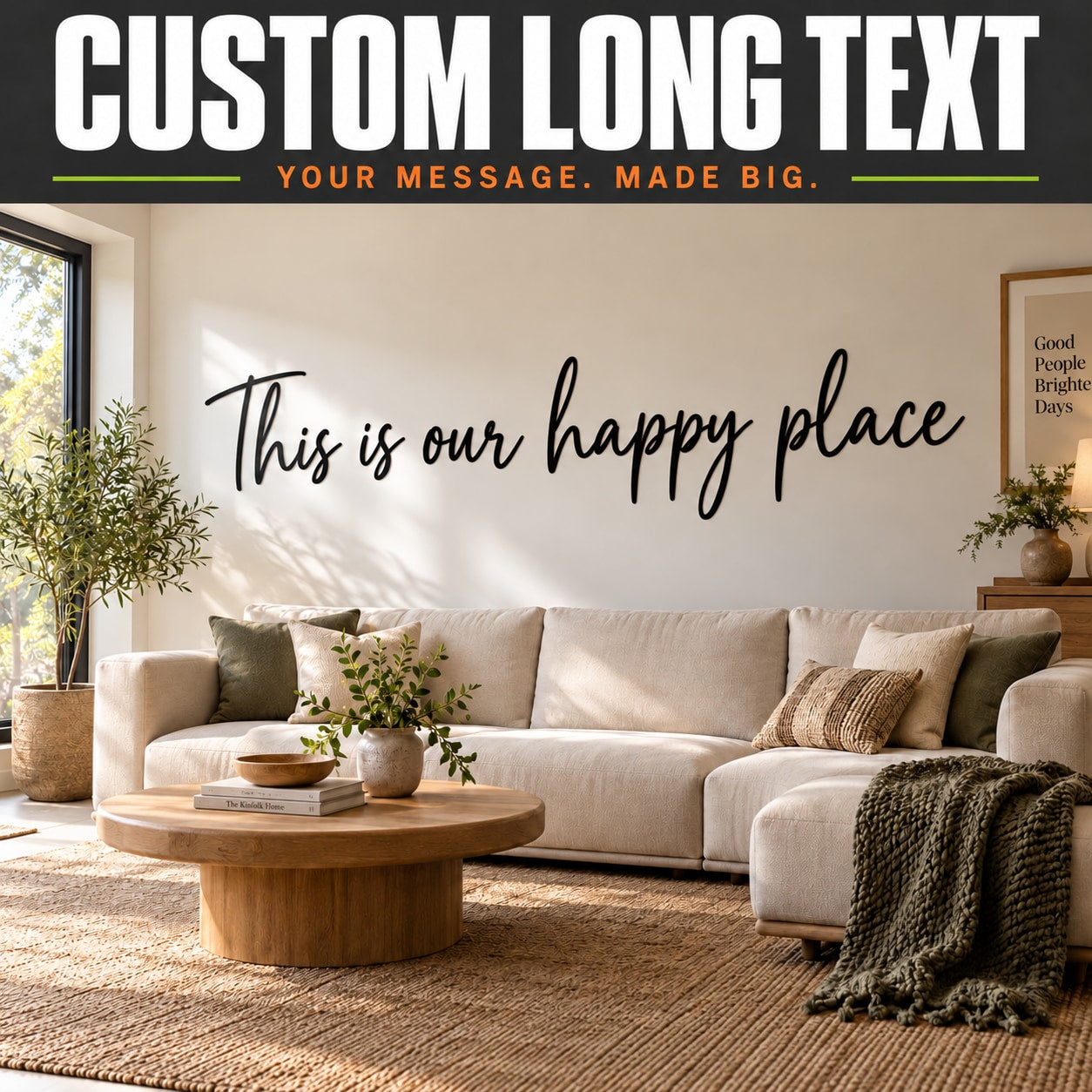 Custom long text wall decal with cursive quote: "This is our happy place"