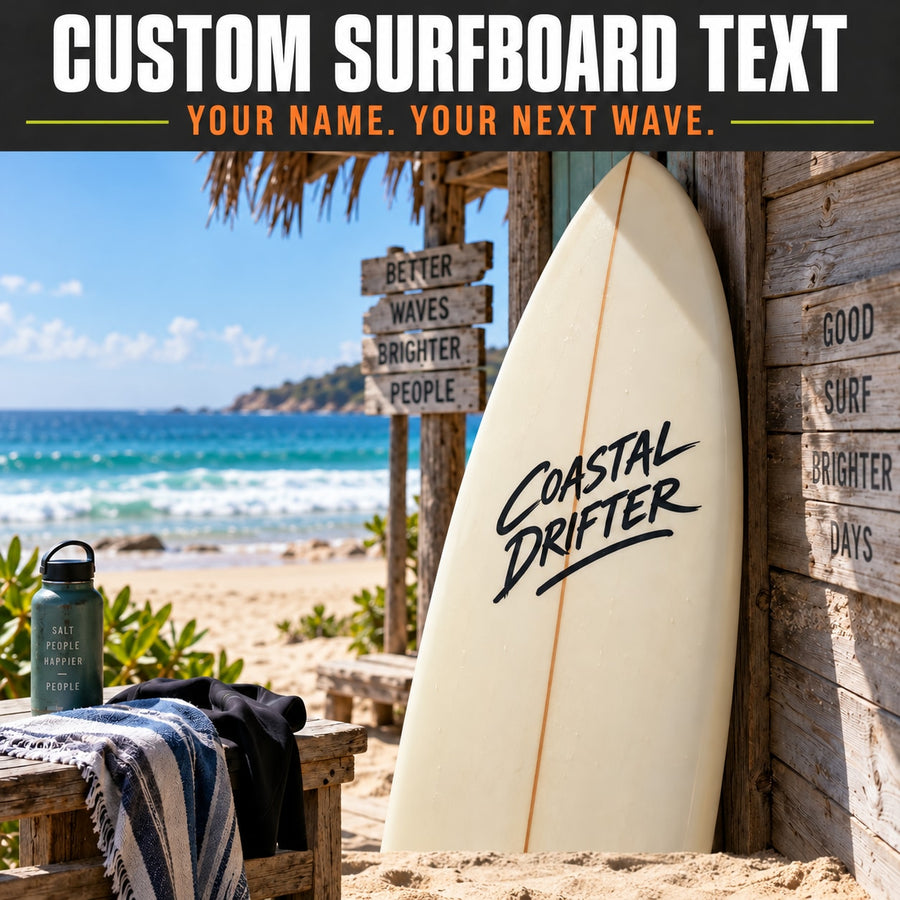 Surfboard text vinyl decal with "Coastal Drifter" script design