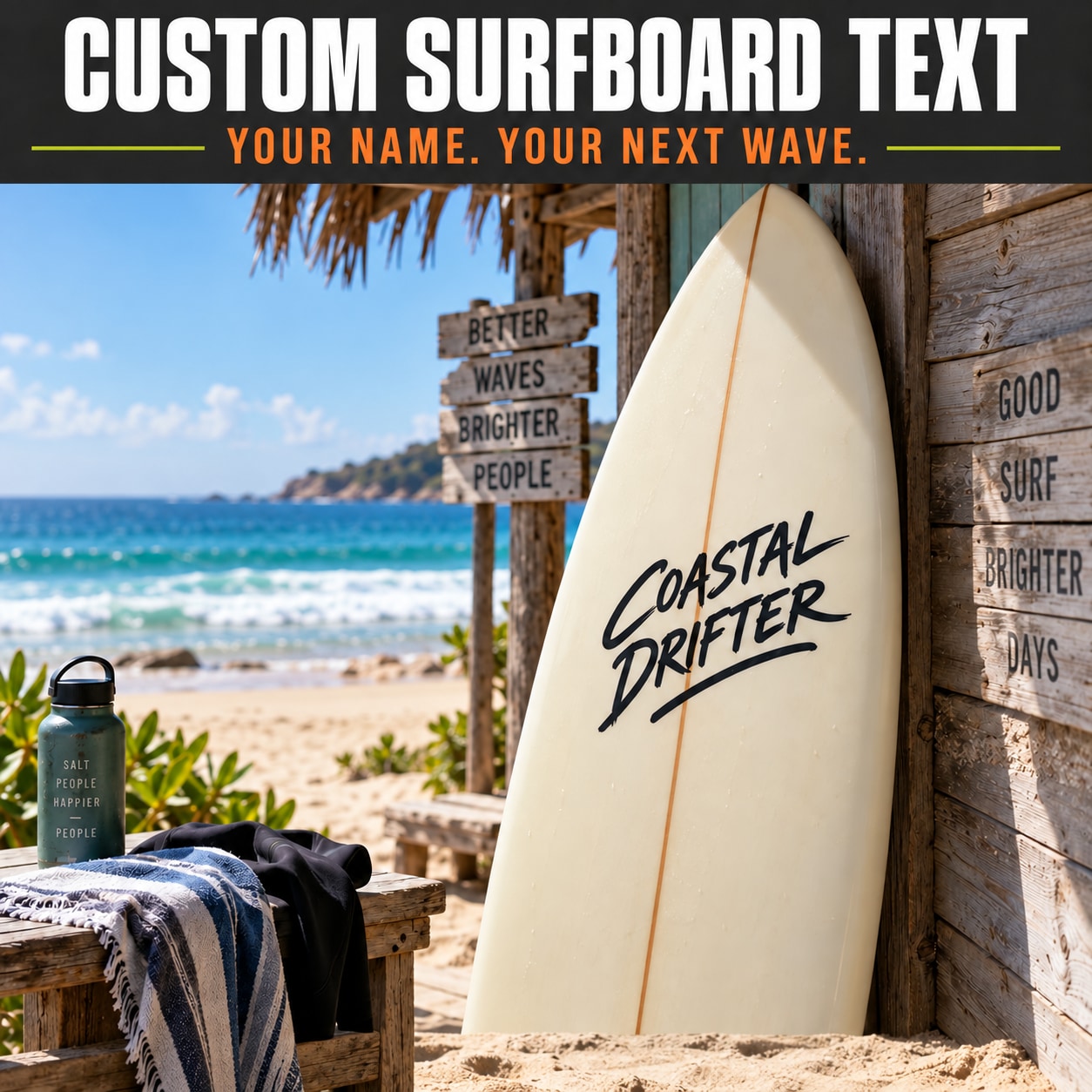 Surfboard text vinyl decal with "Coastal Drifter" script design