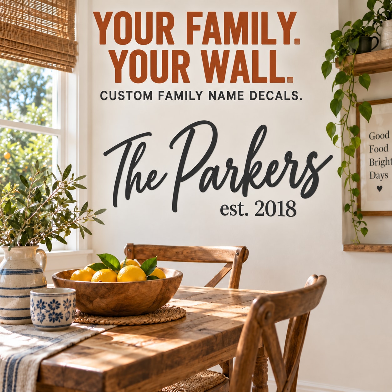 Custom Family Name Decal — illustrative product application. Surrounding equipment and decor are not included.