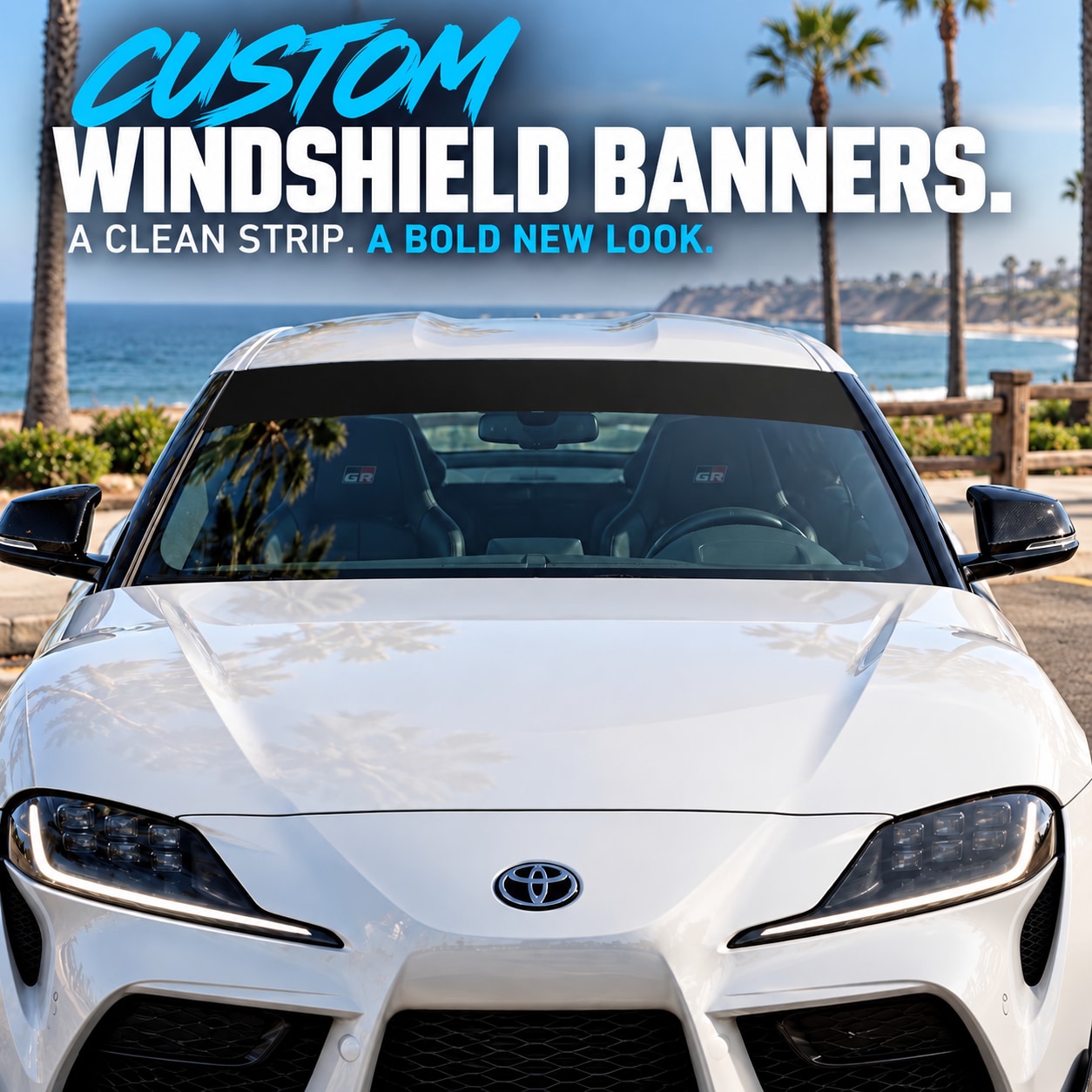 Windshield banner decal kit with clear strip across a car windshield