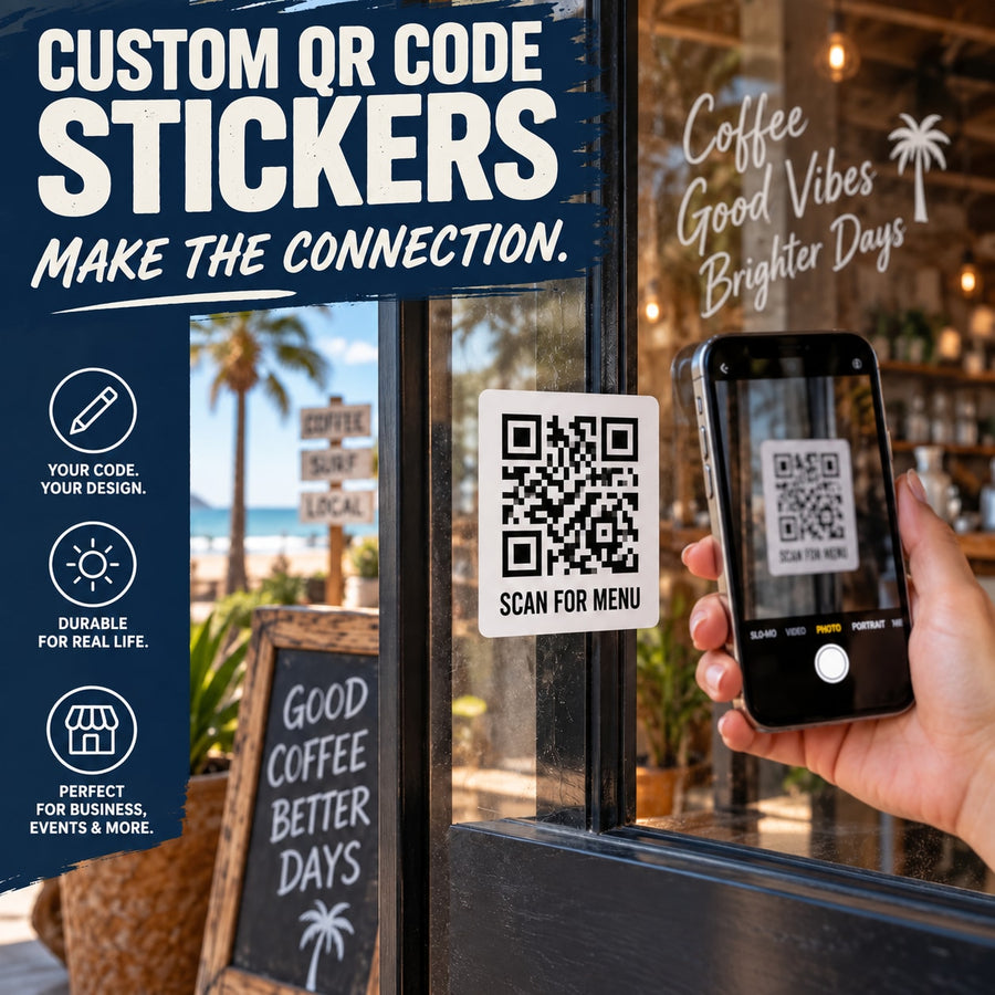 Custom QR Code Sticker — illustrative product application. Surrounding equipment and decor are not included.