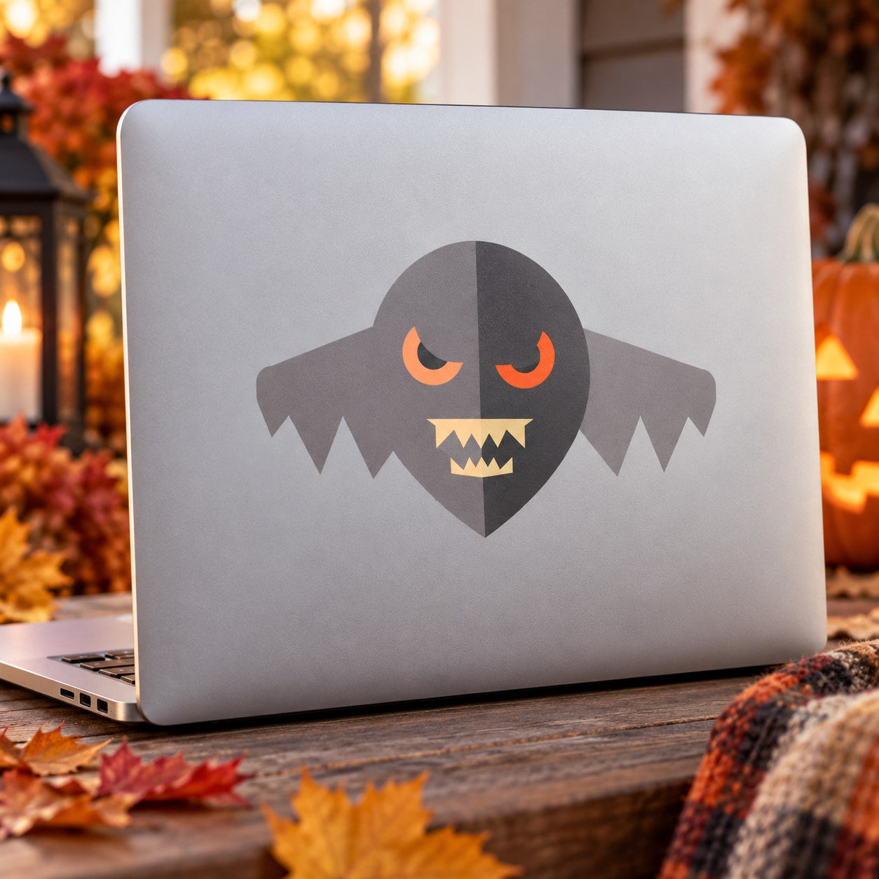 Gray bat sticker with orange eyes and fanged grin on a laptop lid