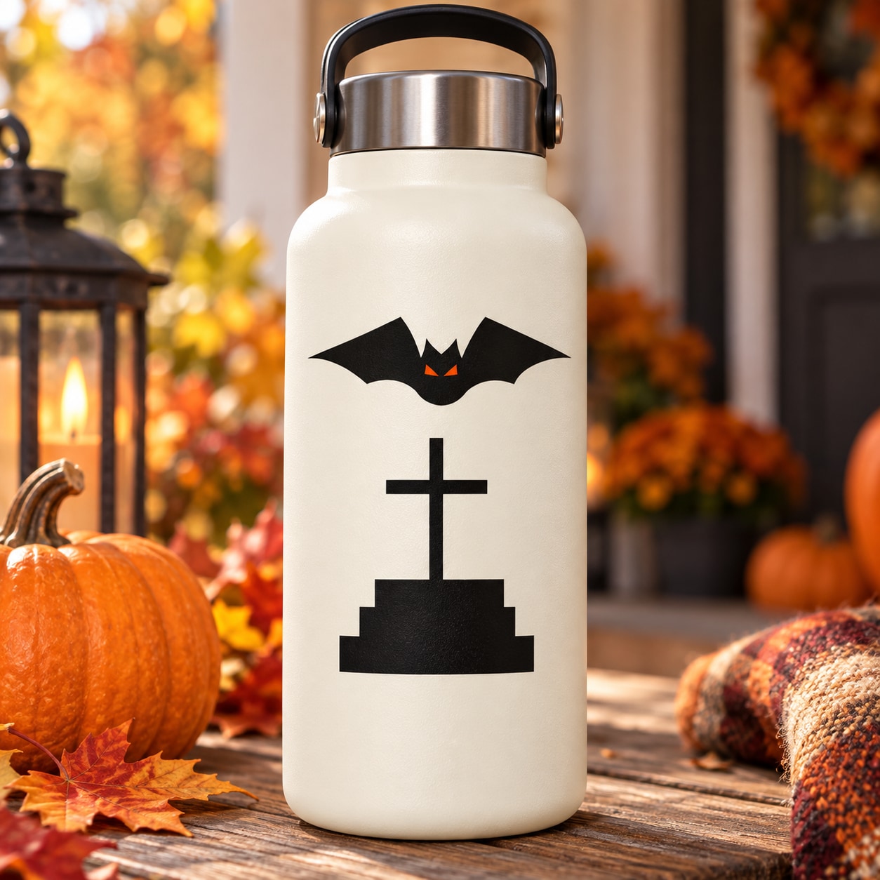 Black bat and gravestone vinyl decal shown on a water bottle