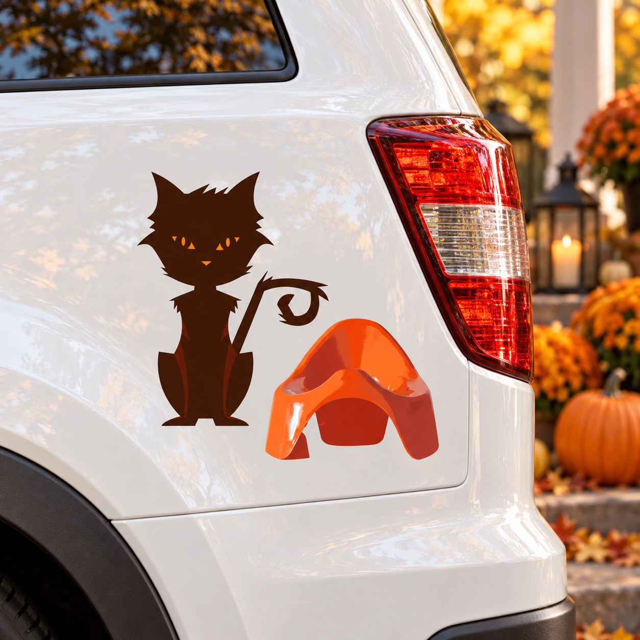 Brown cat vinyl sticker with orange eyes on a car door near the tail light