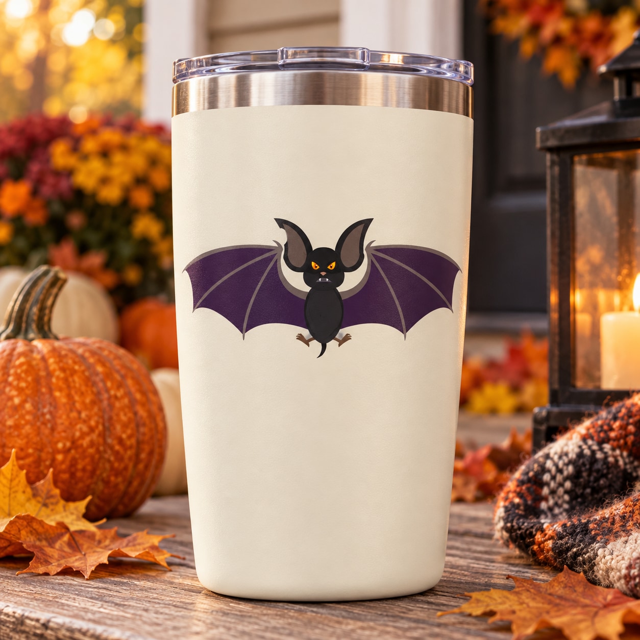 Bat graphic vinyl decal on white tumbler, purple wings and black body with yellow eyes