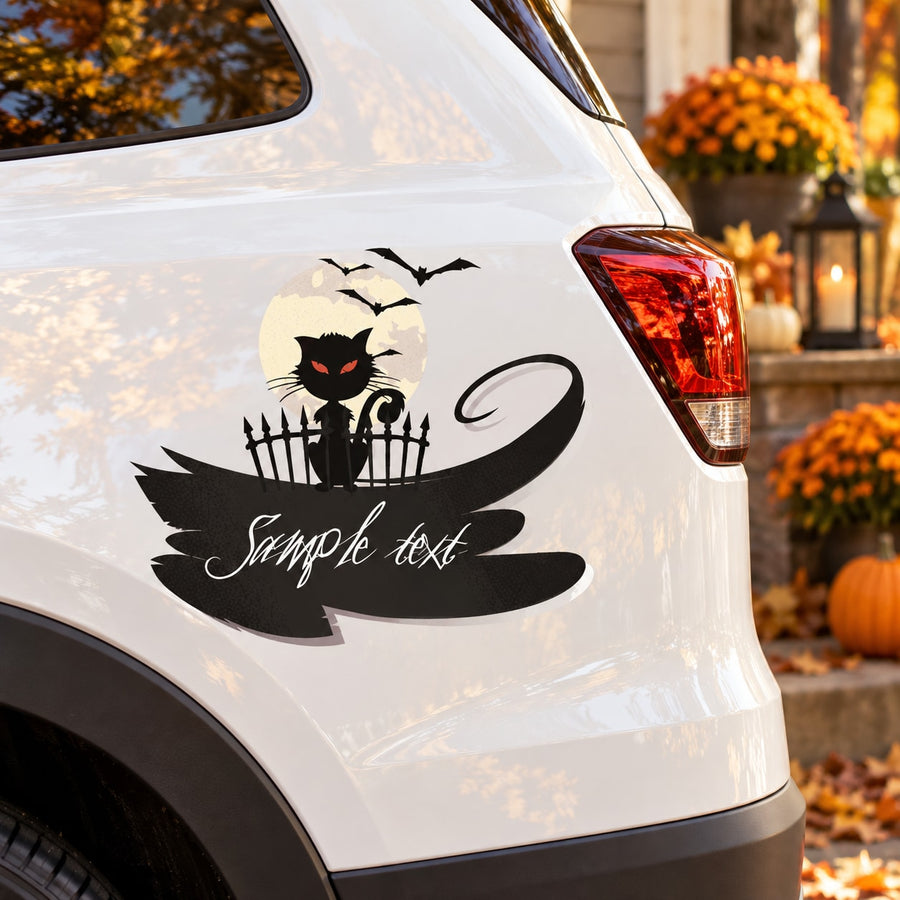 Halloween cat with bats and fence decal on white car door, black smoke swirl with script