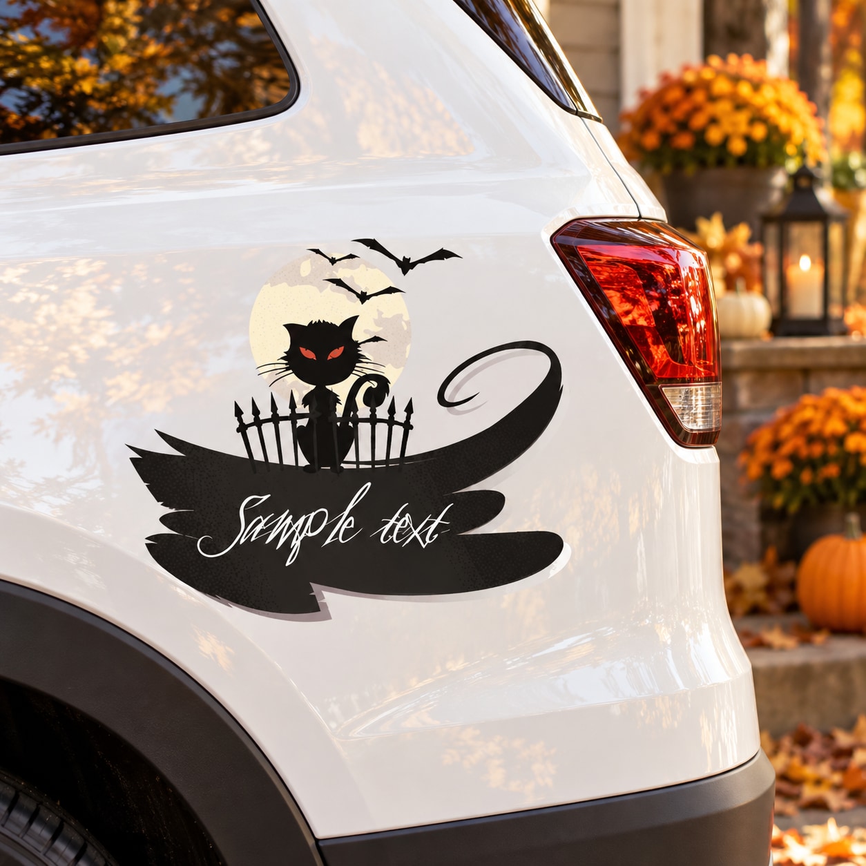 Halloween cat with bats and fence decal on white car door, black smoke swirl with script