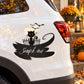 Halloween cat with bats and fence decal on white car door, black smoke swirl with script
