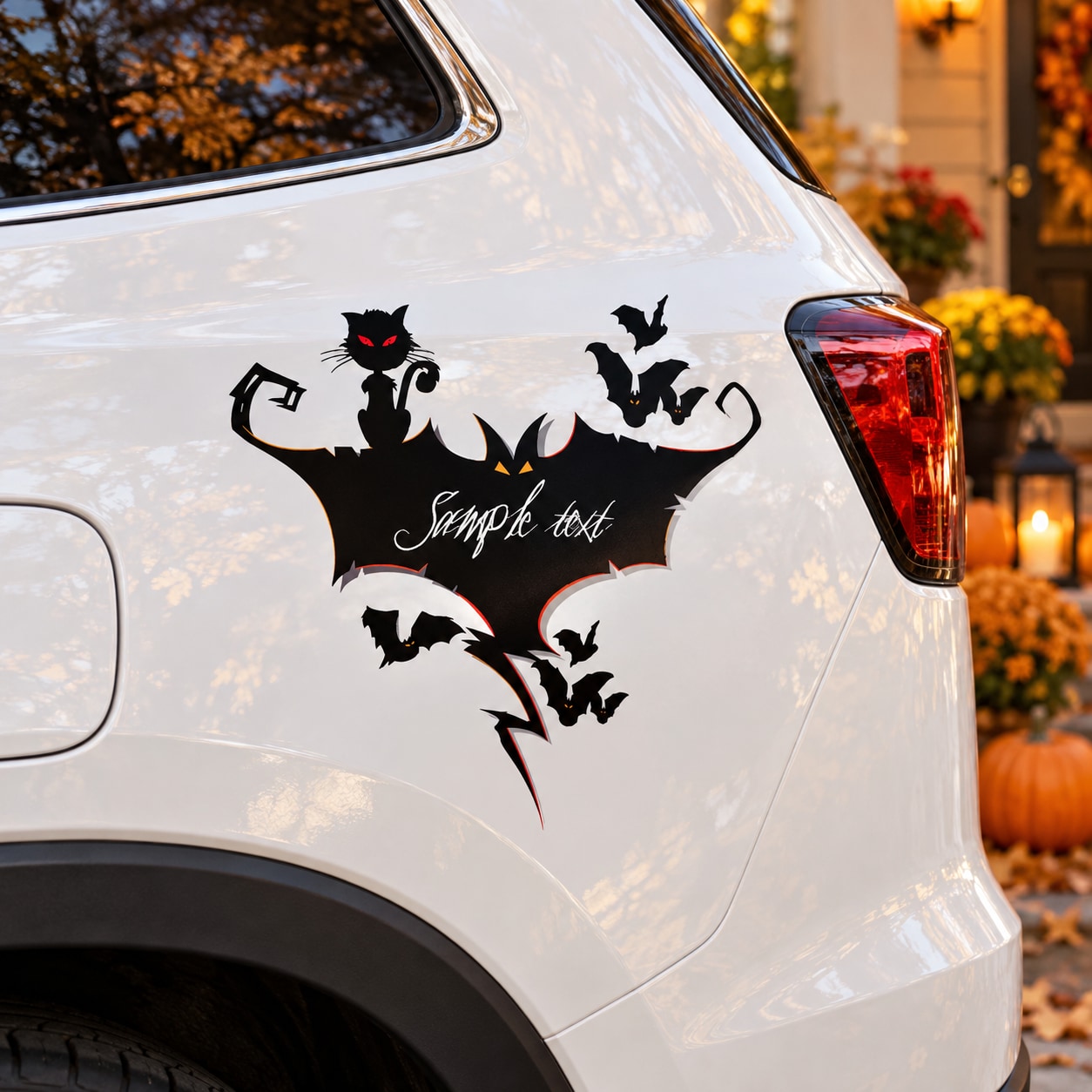 Black cat-and-bats vinyl car decal with red eyes and 'Sample text' script