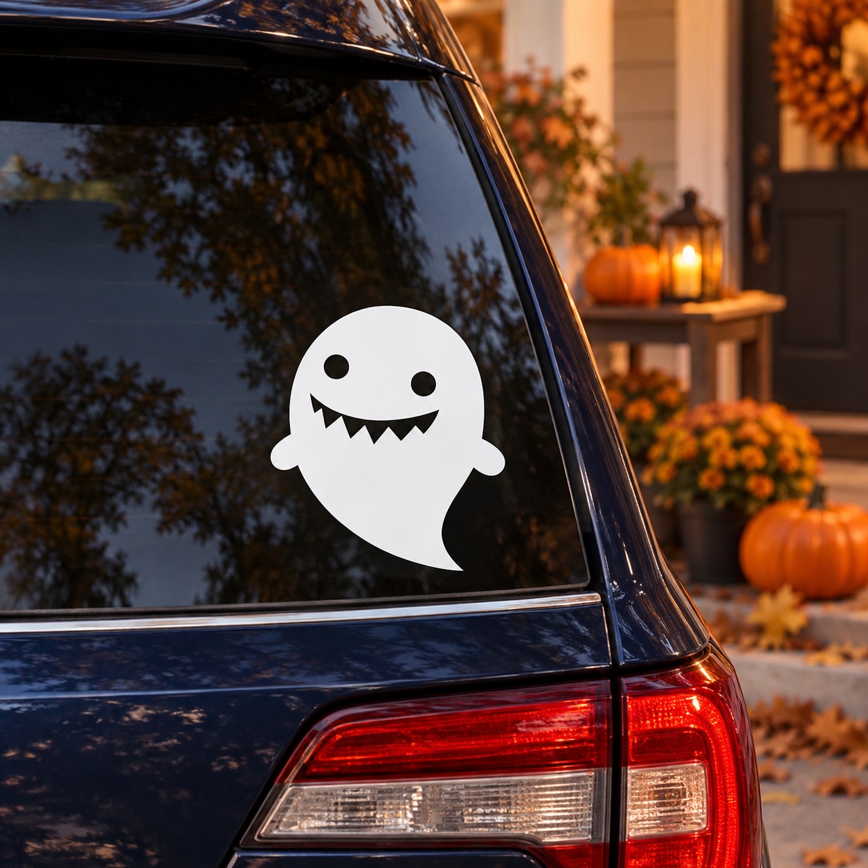 Halloween ghost decal, white derpy ghost with jagged grin on car window