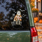 Horror character wall decal with bats and coffin-like details, shown on a window